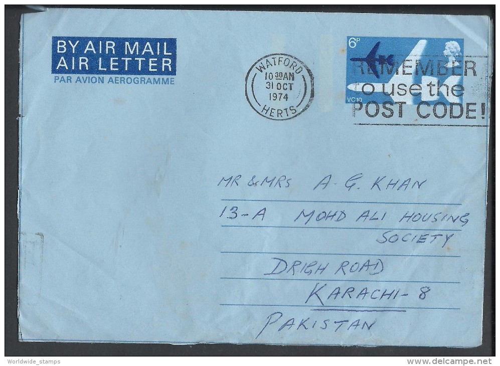 Great Britain Aerogramme Air Letter 6p 1974 Sent From U.K Watford Herts To Pakistan. - Stamped Stationery, Airletters & Aerogrammes
