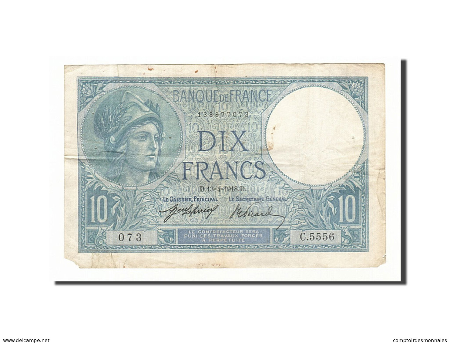 Billet, France, 10 Francs, 10 F 1916-1942 ''Minerve'', 1918, 1918-04-13, TB+ - 10 F 1916-1942 ''Minerve''