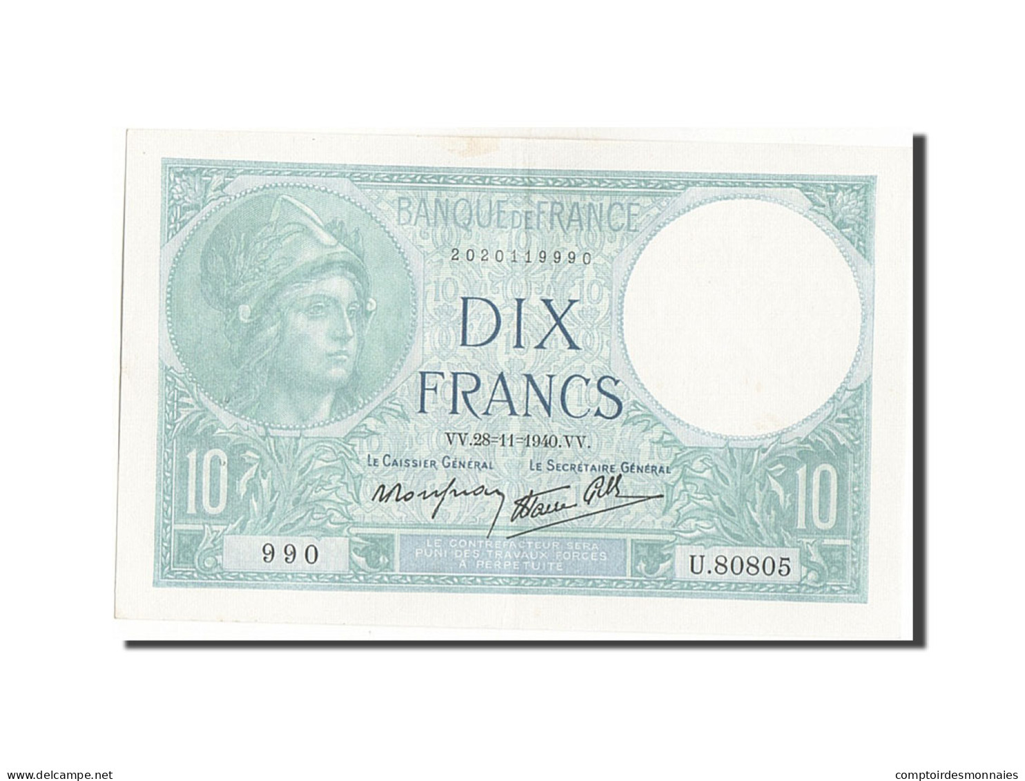 Billet, France, 10 Francs, 10 F 1916-1942 ''Minerve'', 1940, 1940-11-28, SUP - 10 F 1916-1942 ''Minerve''