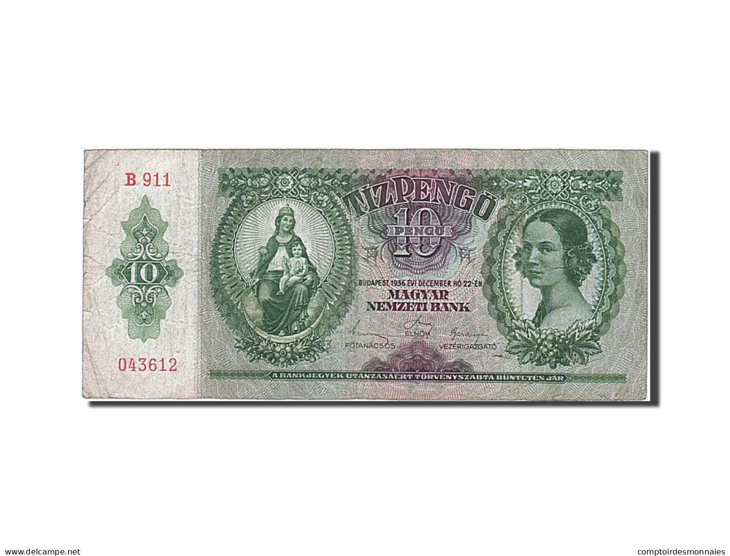 Billet, Hongrie, 10 Pengö, 1936, 1936-12-22, TB+ - Ungheria