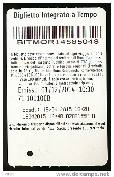 Ticket De Métro (1,50 &euro;), Rome (Italie), Publicité Concert Antonello Venditti, 5 Septembre 2015, Stade Olimpico - Europe