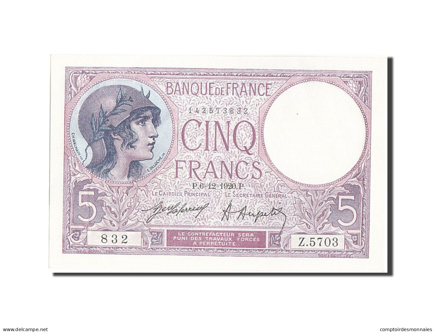 Billet, France, 5 Francs, 5 F 1917-1940 ''Violet'', 1920, 1920-12-06, SPL - 5 F 1917-1940 ''Violet''