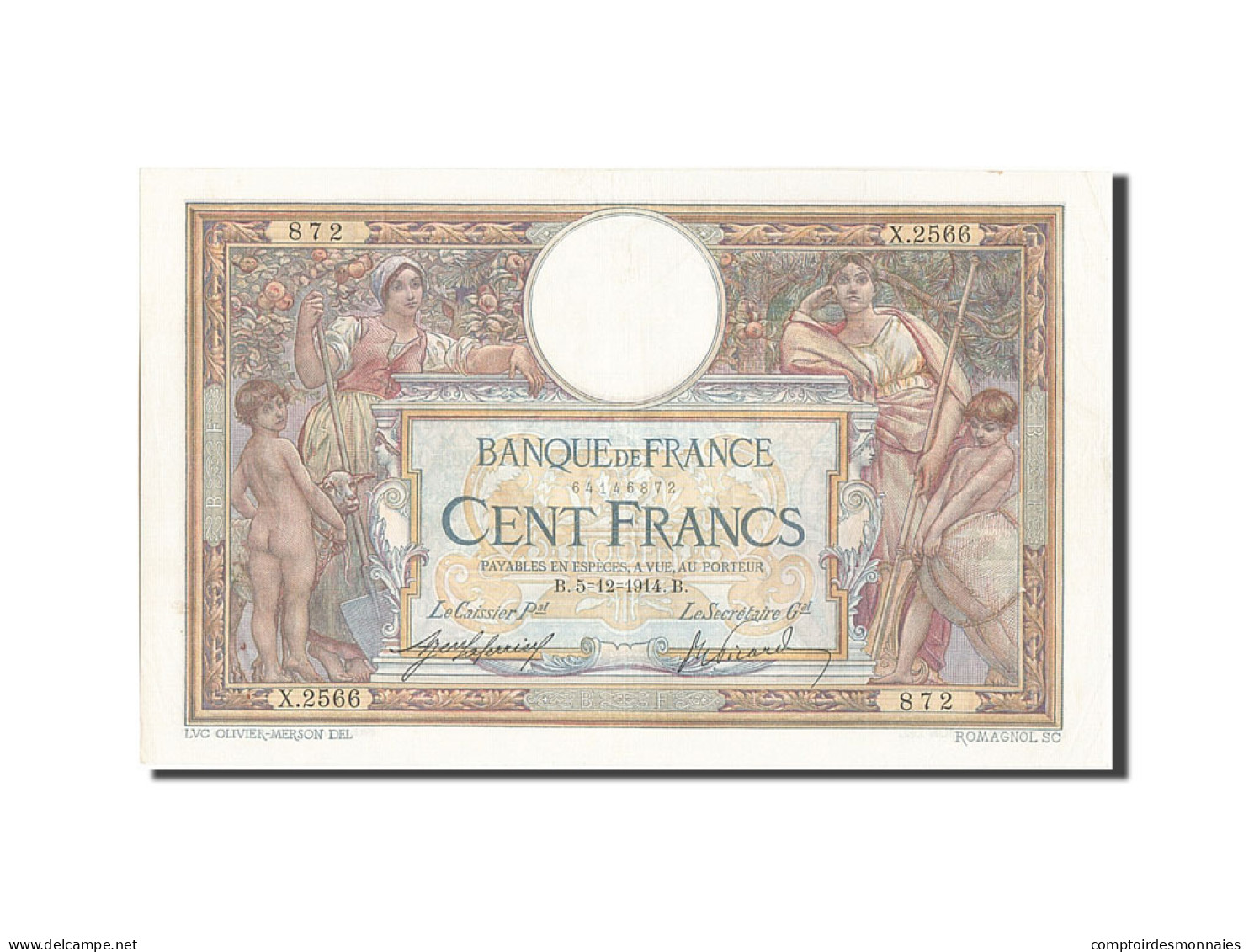 Billet, France, 100 Francs, 100 F 1908-1939 ''Luc Olivier Merson'', 1914 - 100 F 1908-1939 ''Luc Olivier Merson''