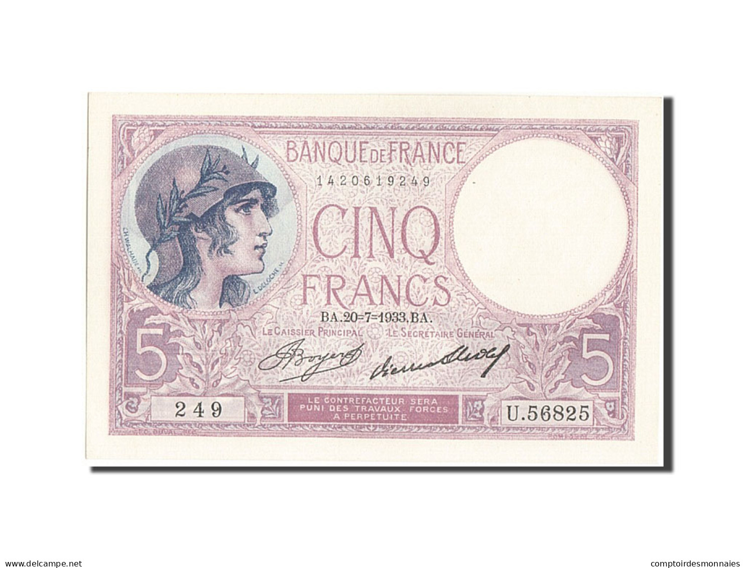 Billet, France, 5 Francs, 5 F 1917-1940 ''Violet'', 1933, 1933-07-20, SUP+ - 5 F 1917-1940 ''Violet''