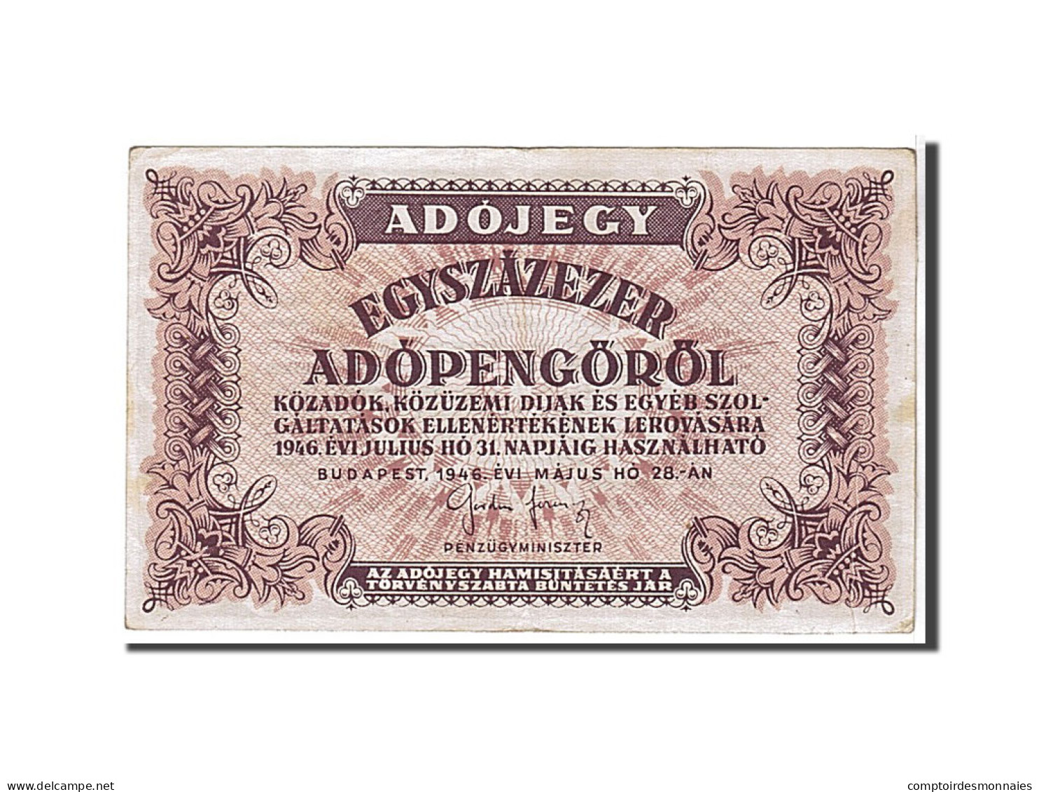 Billet, Hongrie, 100,000 (Egyszázezer) Adópengö, 1946, KM:144a, TTB - Ungarn