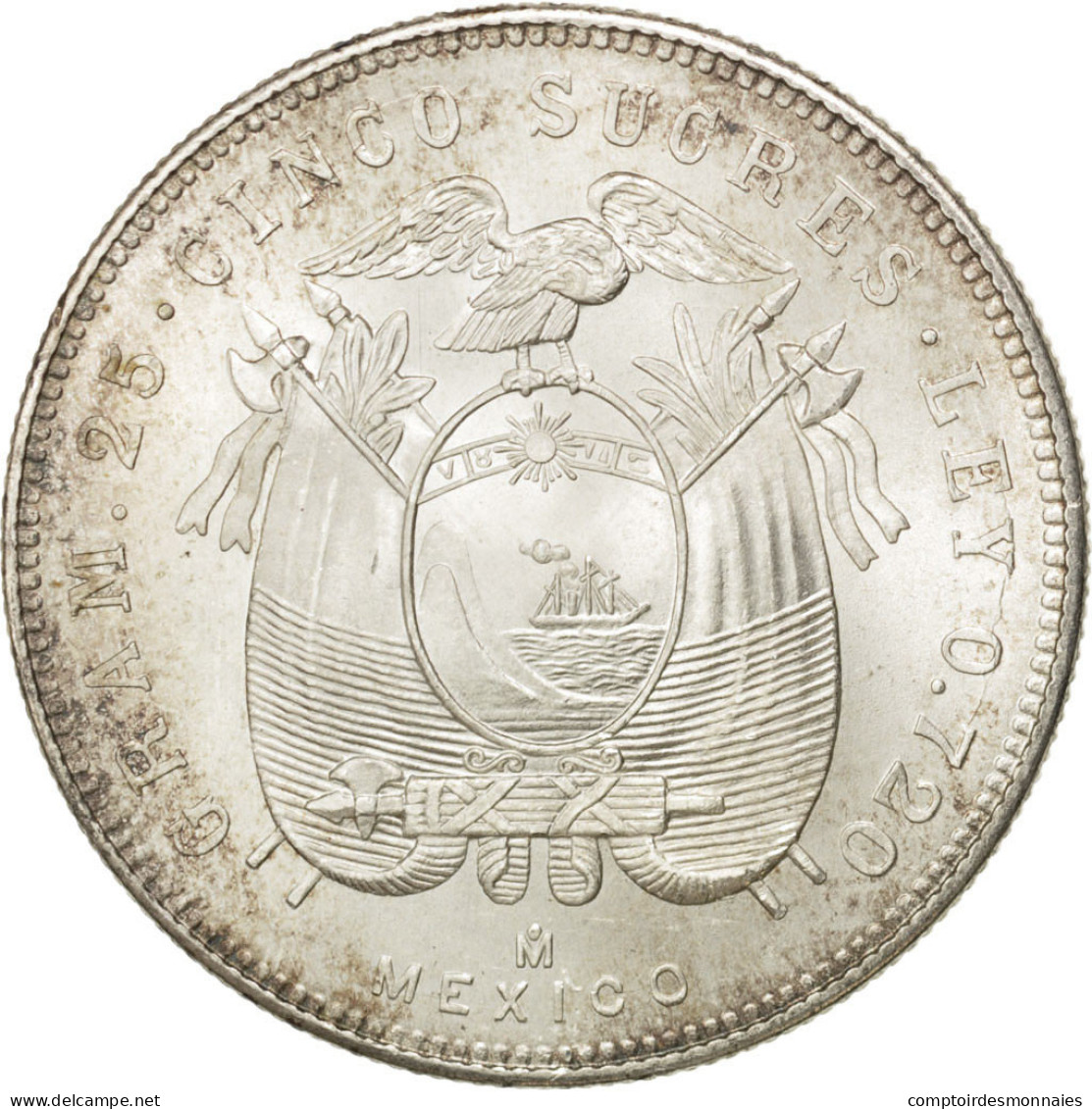 Monnaie, Équateur, 5 Sucres, Cinco, 1944, Mexico City, Mexico, SPL, Argent - Equateur