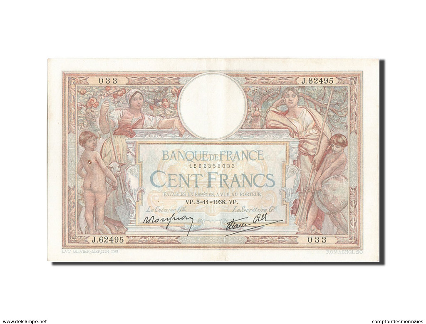 Billet, France, 100 Francs, 100 F 1908-1939 ''Luc Olivier Merson'', 1938 - 100 F 1908-1939 ''Luc Olivier Merson''