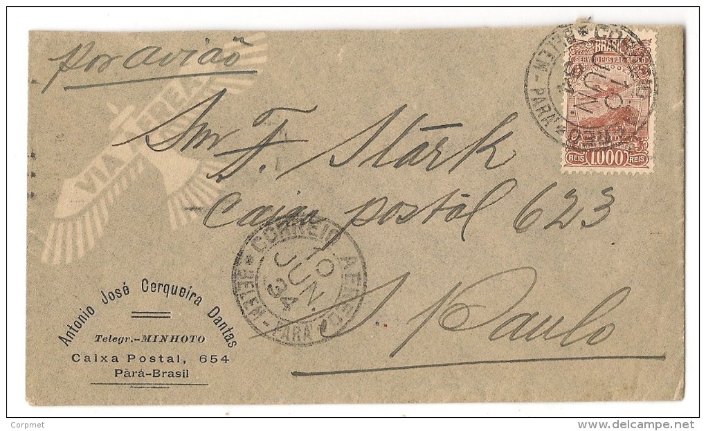 BRAZIL - BRASIL - VF 1934 COVER From BELEM - PARA To SAO PAULO - Yvert # A21 Hydravion JAHU - Poste Aérienne