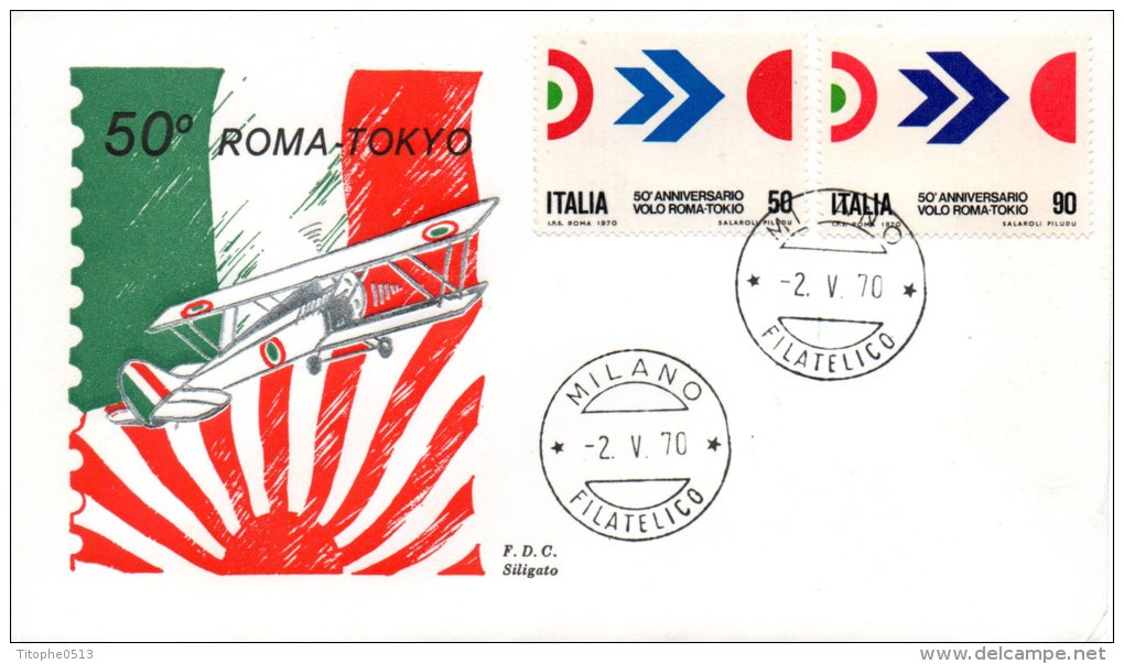 ITALIE. N°1045-6 De 1970 Sur Enveloppe 1er Jour. Arturo Ferrarin. Vol Rome-Tokyo. - Avions