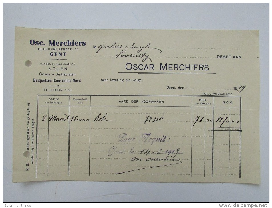 Facture Invoice Oscar Merchiers Bleekerijstraat Gent Gand Kolen 1919 - 1900 – 1949