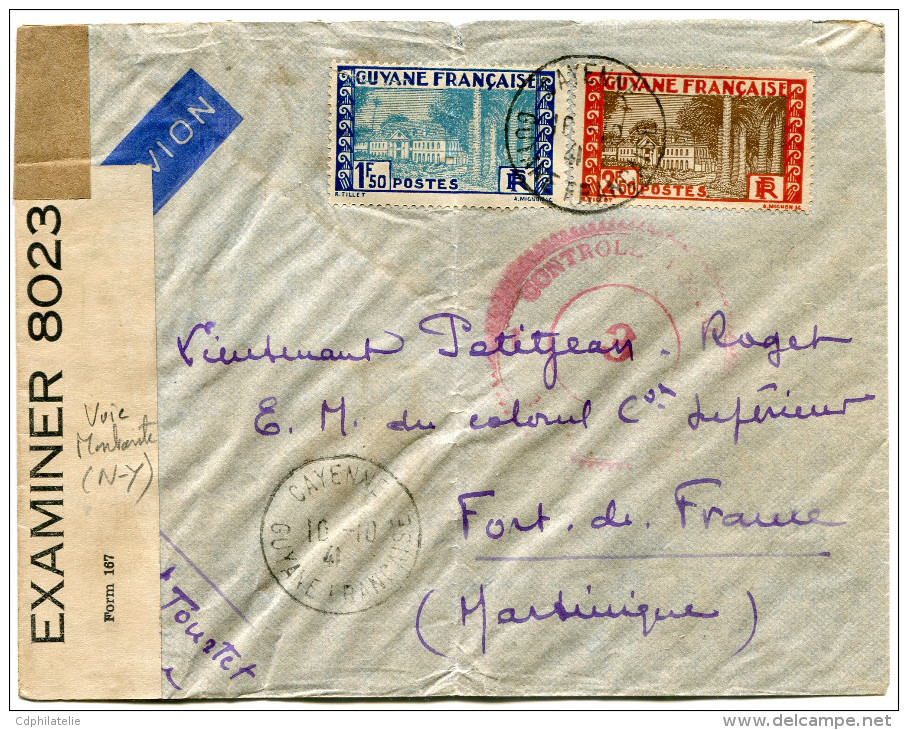 GUYANE LETTRE CENSUREE PAR AVION DEPART CAYENNE 10-10-41 GUYANE FRANCAISE POUR LA MARTINIQUE - Lettres & Documents