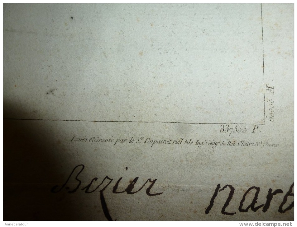 1757  ? Carte Géographique (cachet au dos :MUNIFICENTIA REGIS OPTIMI CIVES  L  CONFEC (Narbonne,Béziers,Fonfroide,etc)