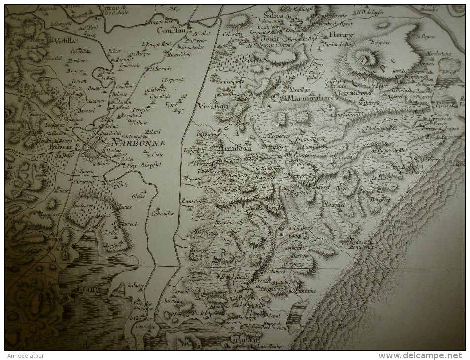 1757  ? Carte Géographique (cachet au dos :MUNIFICENTIA REGIS OPTIMI CIVES  L  CONFEC (Narbonne,Béziers,Fonfroide,etc)