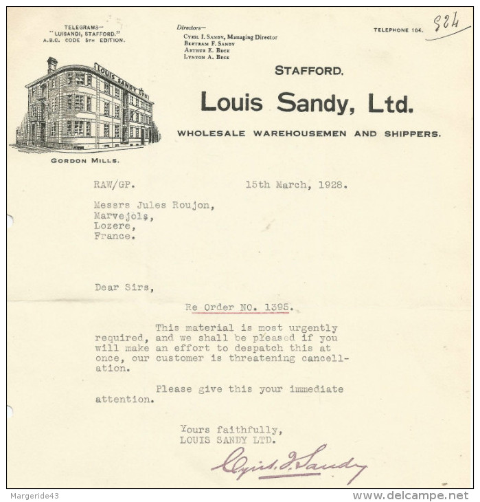COURRIER LOUIS SANDY Ltd à STAFFORD (ROYAUME UNI) 1926 - Ver. Königreich