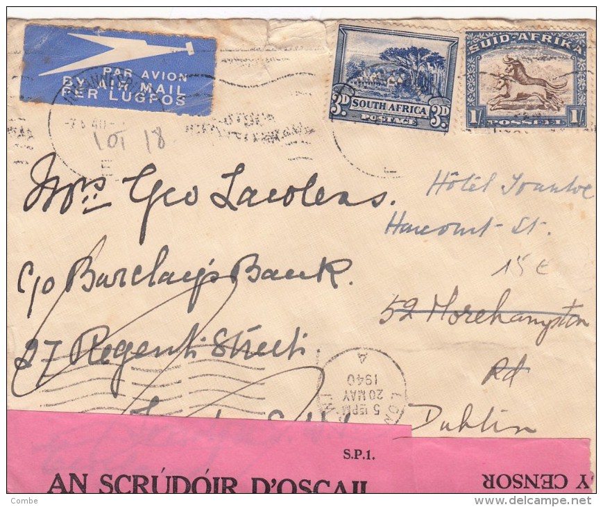 1940 LETTRE AFRIQUE DU SUD + CENSURE ANGLAISE  DUBLIN/ 5973 - Ohne Zuordnung