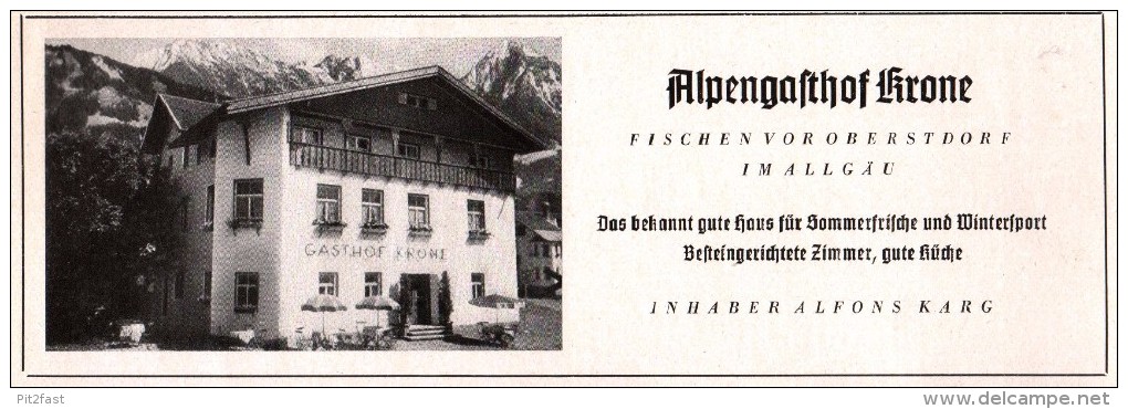 Original Werbung - 1942 - Alpengasthof Krone , Fischen B. Oberstdorf I. Allgäu , Alfons Karg !!! - Werbung