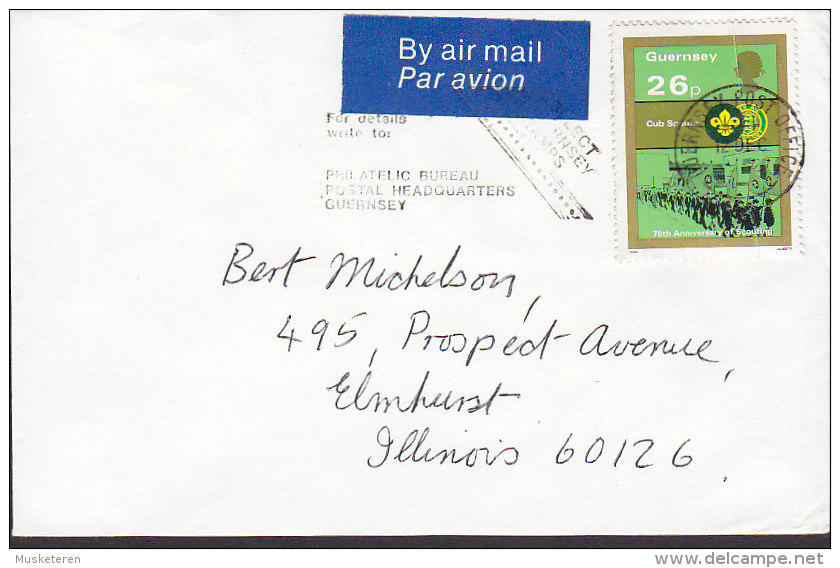 Guensey BY AIR MAIL Par Avion Label Slogan GUERNSEY 1982 Cover Brief ELMHURST United States Scouts Pfadfinder Stamp - Guernesey