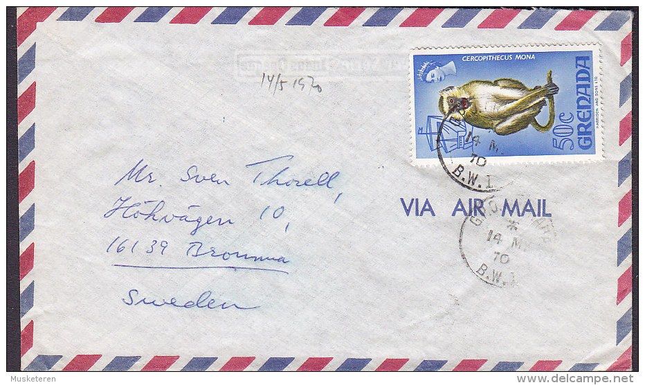 Grenada Via Air Mail G.P.O. GRENADA B.W.I. 1970 Cover Brief BROMMA Sweden Monkey Affe Stamp - Grenada (...-1974)