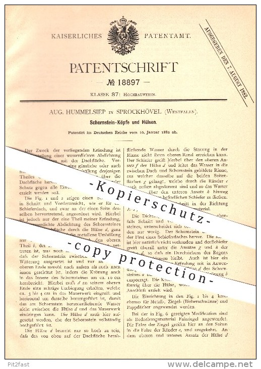 Original Patent - Aug. Hummelsiep In Sprockhövel , 1882 , Schornsteinköpfe Und Hülsen , Schornstein , Schornsteinfeger ! - Sprockhoevel