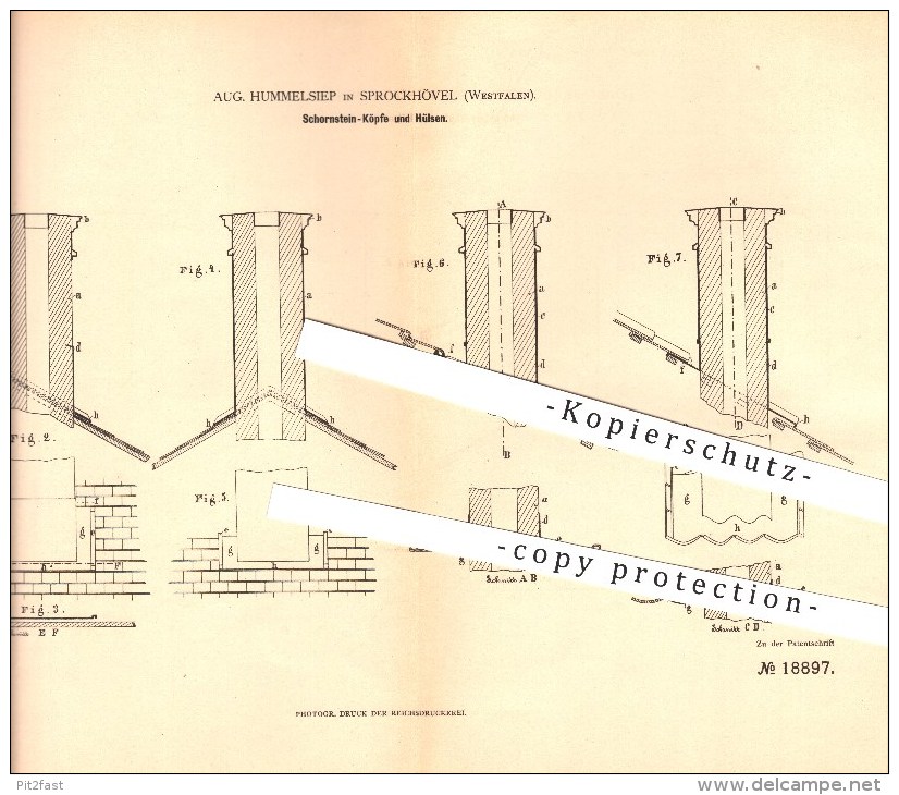 Original Patent - Aug. Hummelsiep In Sprockhövel , 1882 , Schornsteinköpfe Und Hülsen , Schornstein , Schornsteinfeger ! - Sprockhoevel