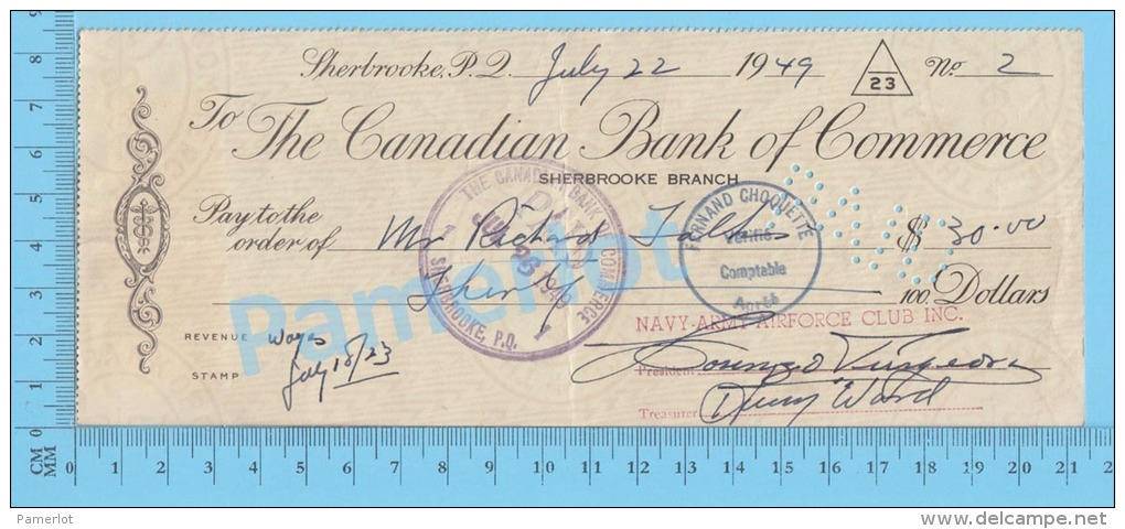 Sherbrooke 1949 Cheque ( $30, Navy Army Force Club,  Stamp  Strip 3 X Scott #249 ) Quebec 2 SCANS - Cheques & Traveler's Cheques