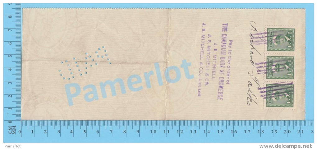 Sherbrooke 1949 Cheque ( $30, Navy Army Force Club,  Stamp  Strip 3 X Scott #249 ) Quebec 2 SCANS - Schecks  Und Reiseschecks