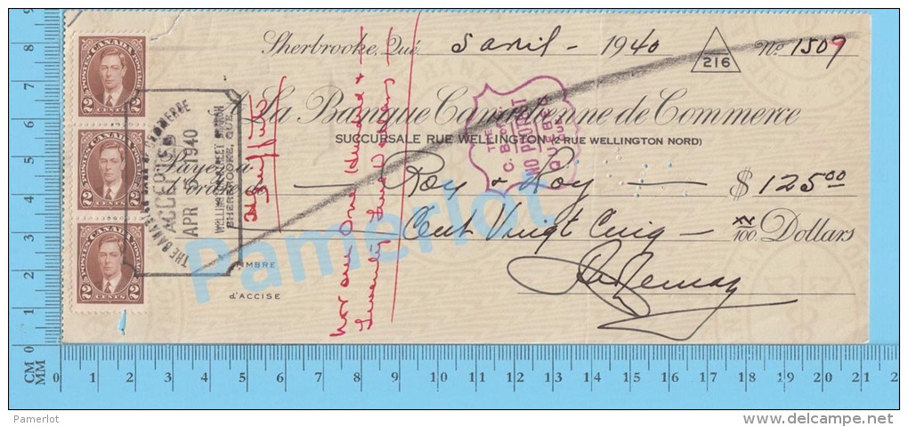 Sherbrooke 1940 Cheque ( $125, Banque Canadienne De Commerce,  Stamp  Strip 3X Scott #232 ) Quebec 2 SCANS - Schecks  Und Reiseschecks