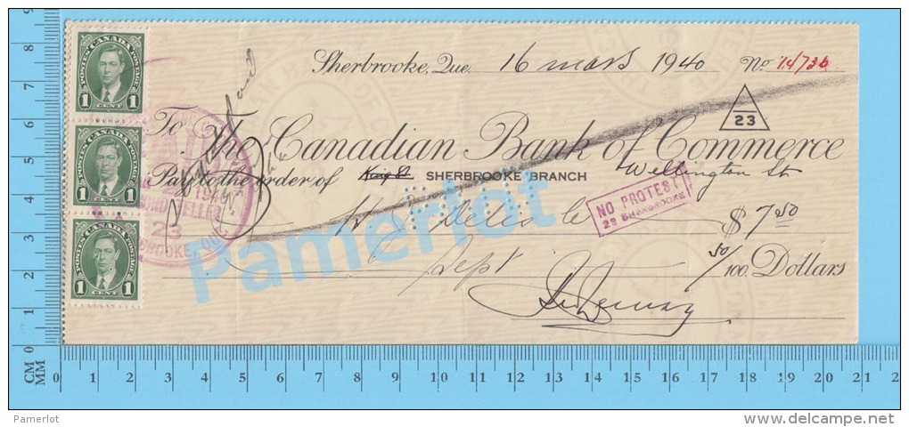 Sherbrooke 1940 Cheque ( $7.50, Banque Canadienne De Commerce,  Stamp  Strip 3X Scott #231 ) Quebec 2 SCANS - Chèques & Chèques De Voyage