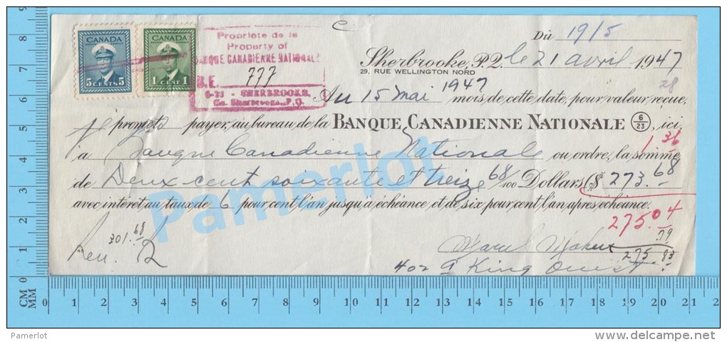 Sherbrooke 1947 Pret Sur Billet ( $273.68, à 6%  Banque Canadienne De Commerce,  Stamp Scott #255 +#249  ) Quebec 2 SCAN - Chèques & Chèques De Voyage