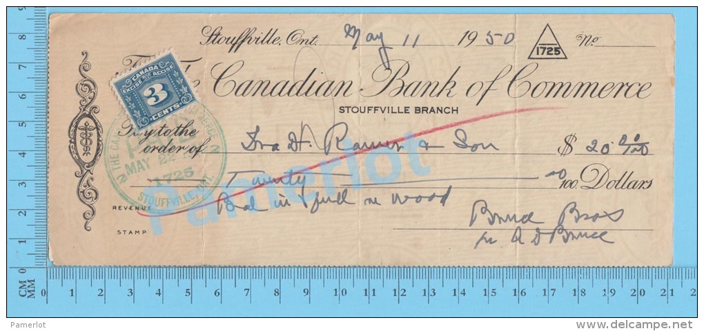 Stouffville Ontario 1950  Check ( $20.00, I.D. Ramer And Son, Tax Stamp FX 64 ) Ontario Ont. 2 SCANS - Schecks  Und Reiseschecks