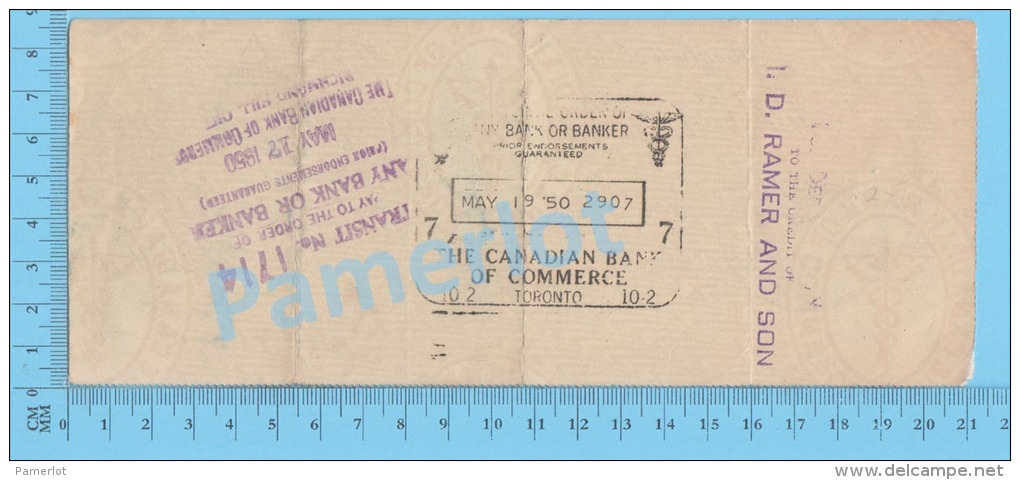 Stouffville Ontario 1950  Check ( $20.00, I.D. Ramer And Son, Tax Stamp FX 64 ) Ontario Ont. 2 SCANS - Schecks  Und Reiseschecks