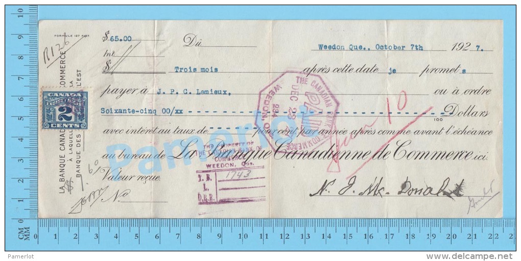 Weedon  Quebec Canada 1927 Pret Sur Billet ( $65.00, A 0% La Banque Canadienne De Commerce, Tax Stamp FX 36 )  2 SCANS - Cheques En Traveller's Cheques