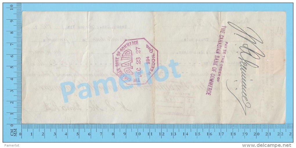 Weedon  Quebec Canada 1927 Pret Sur Billet ( $65.00, A 0% La Banque Canadienne De Commerce, Tax Stamp FX 36 )  2 SCANS - Cheques En Traveller's Cheques