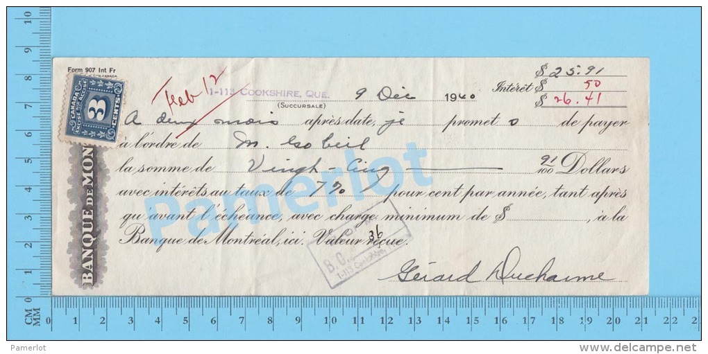 Cookshire  Quebec Canada 1940 Pret Sur Billet ( $25.71 à 7%, Banque De Montréal Tax Stamp FX 64 )  2 SCANS - Cheques & Traverler's Cheques