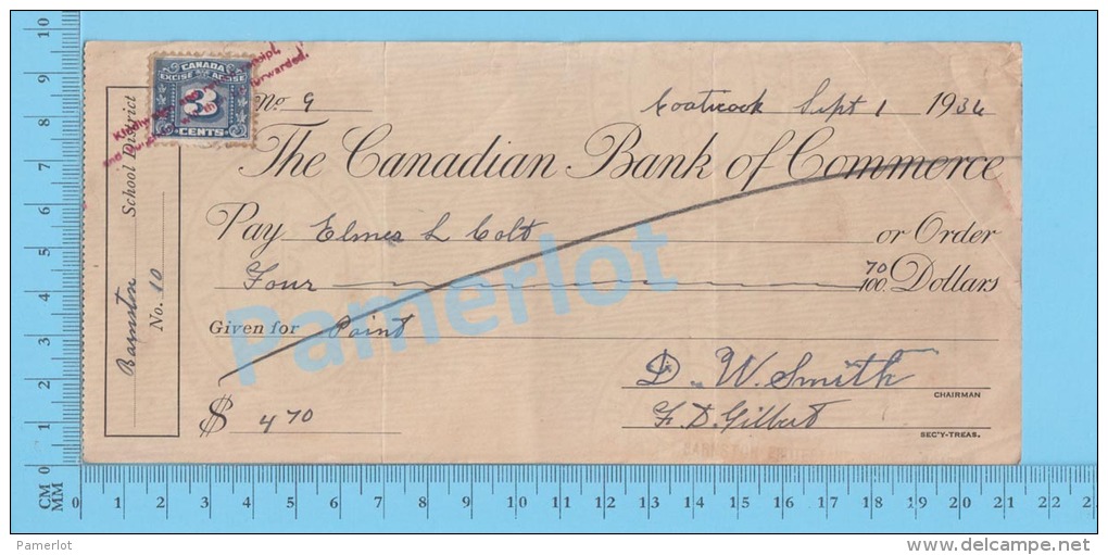 Coaticook  Quebec Cana1936 Cheque ( $4.70 For Paint, Elmer Colt,  Barnston School District,  Tax Stamp  FX 64 )  2 SCANS - Schecks  Und Reiseschecks