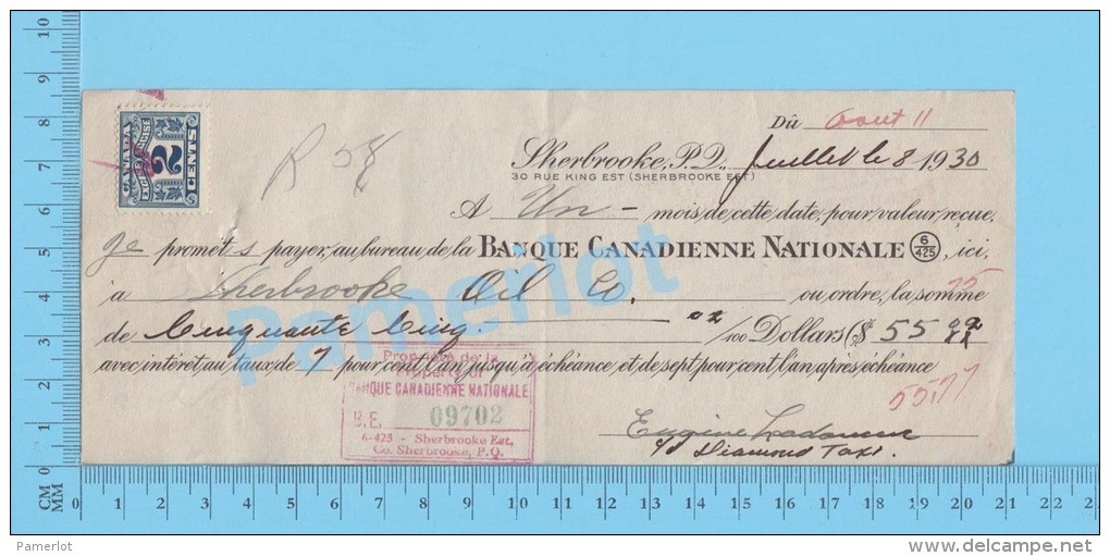 Sherbrooke  Quebec Canada 1930 Billet ( $55.02 à 7%,  Banque Canadienne,  Tax Stamp  FX 36 )  2 SCANS - Cheques & Traveler's Cheques