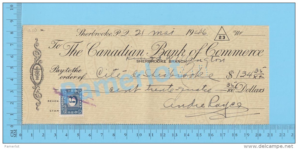 Sherbrooke  Quebec Canada 1946 Cheque ( $134.35  The Canadian Bank Of Commerce,  Tax Stamp  FX 67 )  2 SCANS - Cheques & Traveler's Cheques