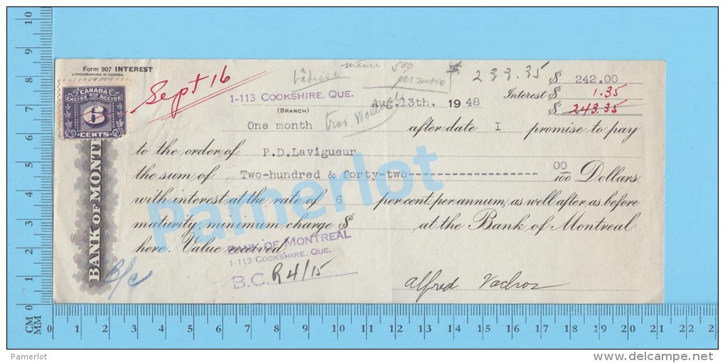 Cookshire  Quebec Canada 1948 Interest ( $242.00  The Bank Of Montreal,  Tax Stamp  FX 68 )  2 SCANS - Cheques En Traveller's Cheques