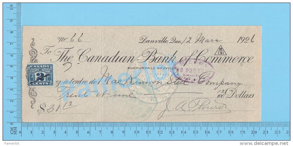 Danville Quebec Canada  1926 Check Cheque ( $31.12, MacKinnon Steel Tax Stamp FX 36 )2 SCANS - Chèques & Chèques De Voyage