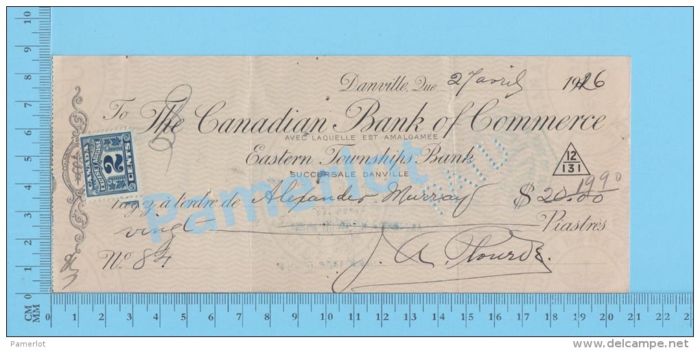 Danville Quebec1926 Check Cheque ( $31.12, Alexandre Murray,Tax Stamp FX 36 )  2 SCANS - Chèques & Chèques De Voyage