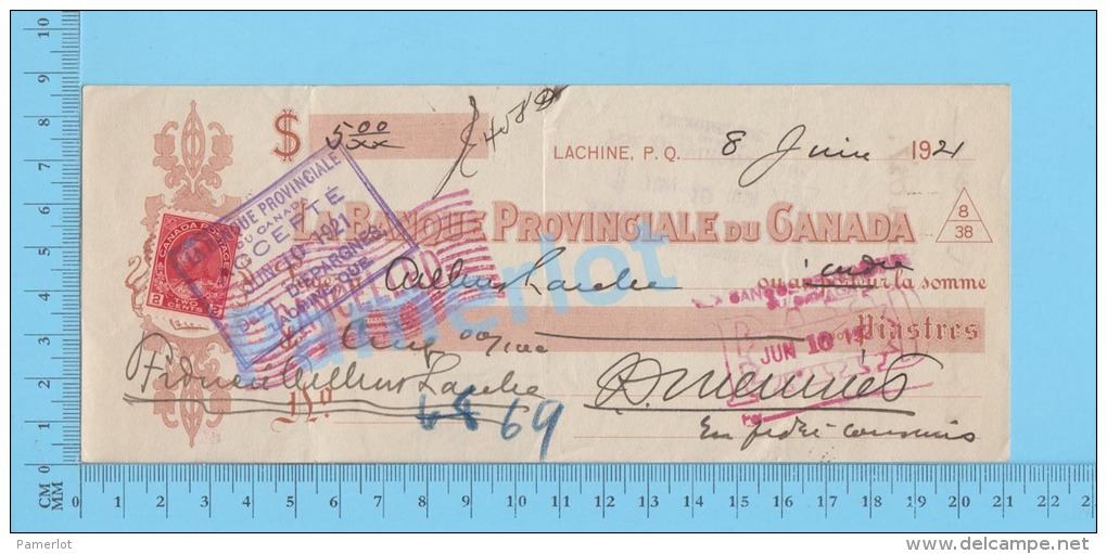 Lachine Quebec 1921  Cheque ( $5.00, "Arthur Larche"  Stamp Scott # 106 ) 2 SCANS - Cheques & Traveler's Cheques