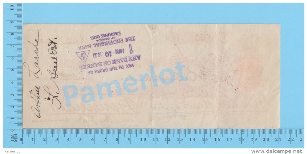 Lachine Quebec 1921  Cheque ( $5.00, "Arthur Larche"  Stamp Scott # 106 ) 2 SCANS - Cheques & Traveler's Cheques