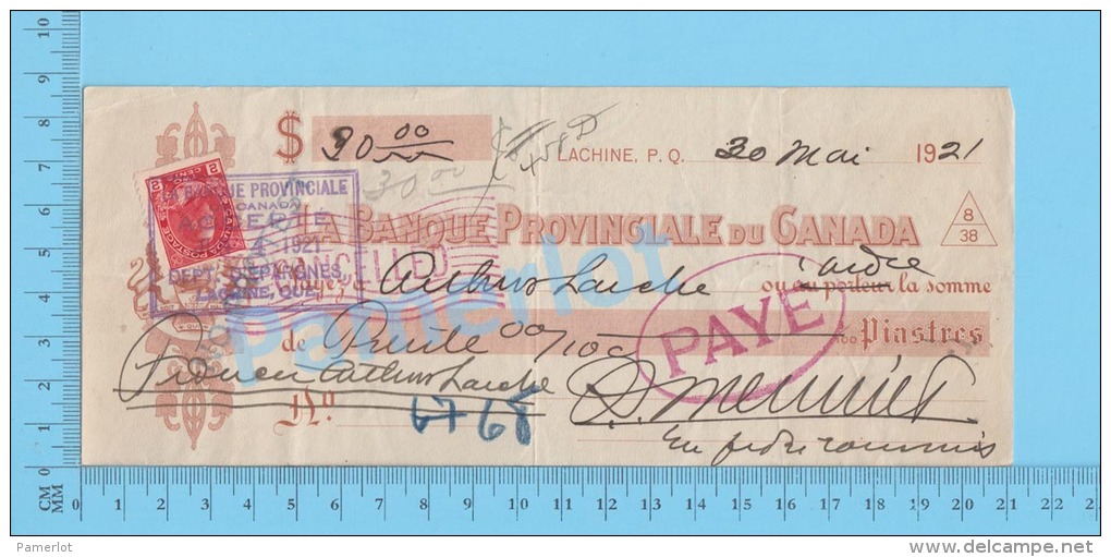 Lachine  Quebec Canada 1921  Cheque ( $30.00, "Arthur Larche"  Stamp Scott # 106 B ) 2 SCANS - Schecks  Und Reiseschecks