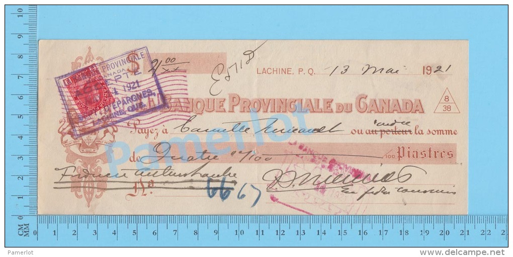 Lachine Quebec Canada   1921  Cheque ( $4.00, "Camille Mireault"  Stamp Scott # 106 D )  2 SCANS - Chèques & Chèques De Voyage