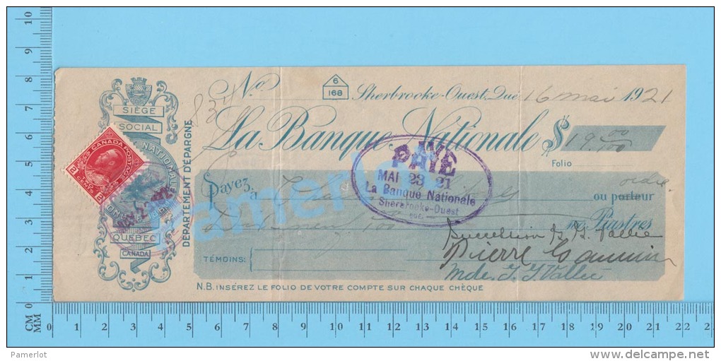 Sherbrooke  Quebec Canada 1921  Cheque ( $19.00, " Charles Philans"  Stamp Scott # 106 )  2 SCANS - Cheques & Traveler's Cheques