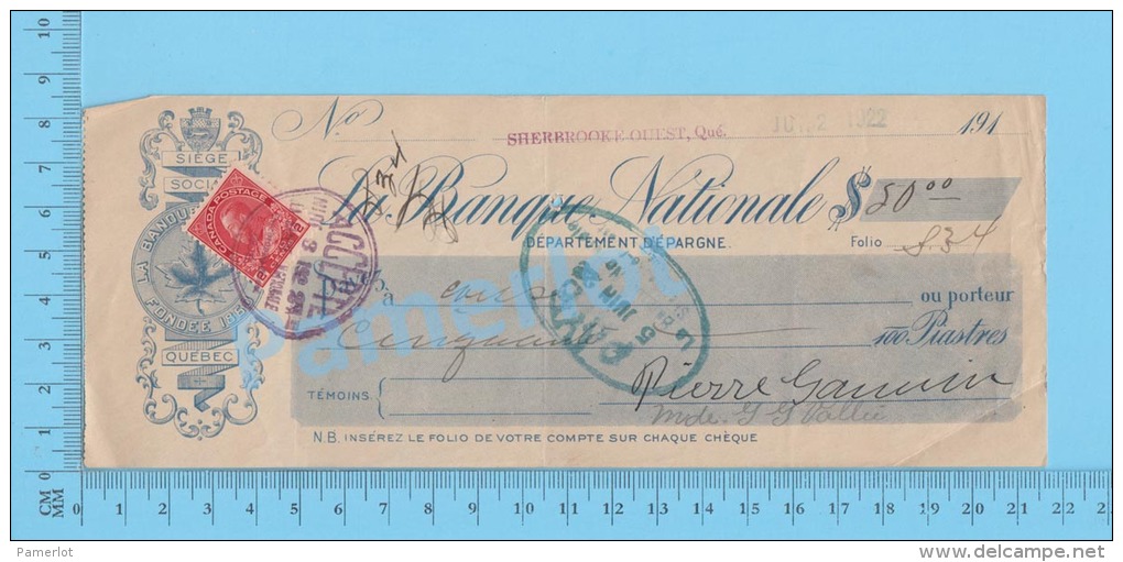Sherbrooke  Quebec Canada 1922  Cheque ( $50.00, "Banque Nationale"  Stamp Scott # 106  )  SCANS - Schecks  Und Reiseschecks