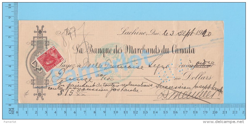 Lachine  Quebec Canada 1920  Cheque ( $4.04 , " Francoise Leger "  Stamp Scott # 106 )  2 SCANS - Cheques & Traveler's Cheques