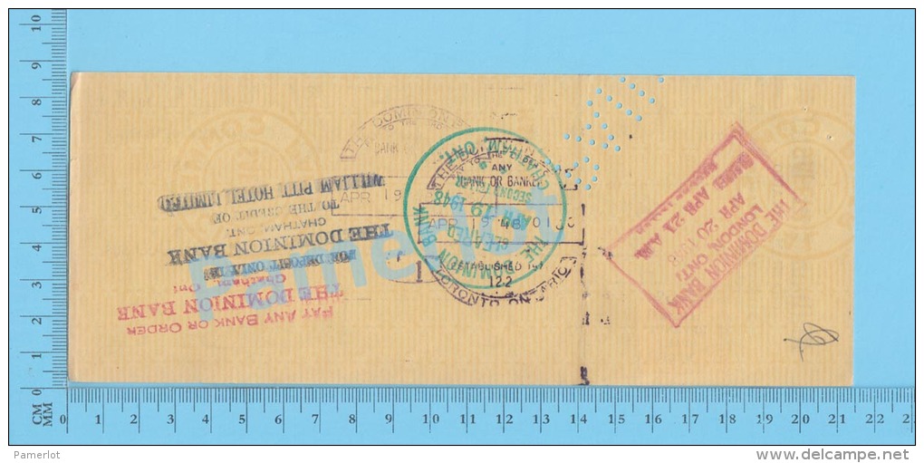 Chatham 1948 Cheque  ( $6.83 , William Pitt Hotel, Stamp Scott #252 ) Ontario Ont. 2 SCANS - Cheques & Traveler's Cheques