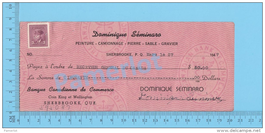 Sherbrooke  Quebec Canada 1947 Cheque  ( $50.00 , Dominique Séminara, Stamp Scott #252 )  2 SCANS - Cheques & Traveler's Cheques