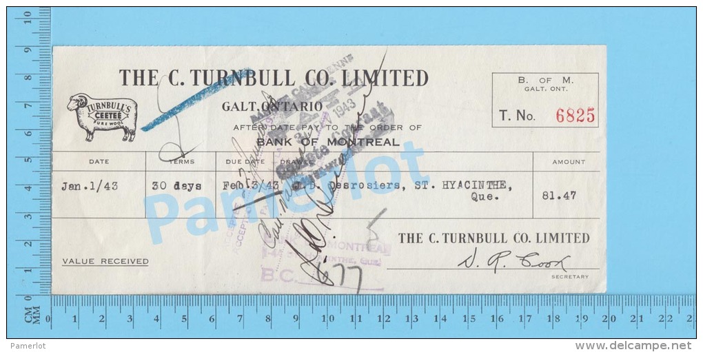 Galt 1938  Due ( $81.47 , C. Turnbull Co. Lté.,  Tax Stamp FX 64 ) Ontario Ont. 2 SCANS - Schecks  Und Reiseschecks